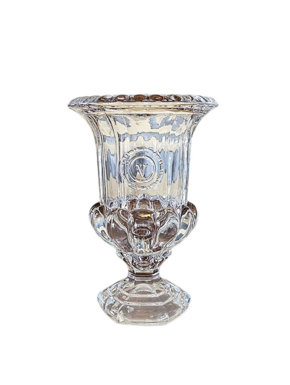 Vintage Val Saint Lambert Belgian Crystal Pedestal Urn Vase V Medallion 9 in